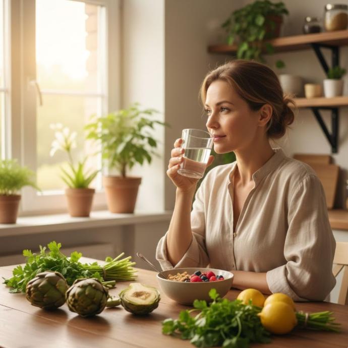 Alcachofa 60 en cápsulas MEGAPLUS - Mujer tomando un vaso de agua con alcachofas y vegetales alrededor