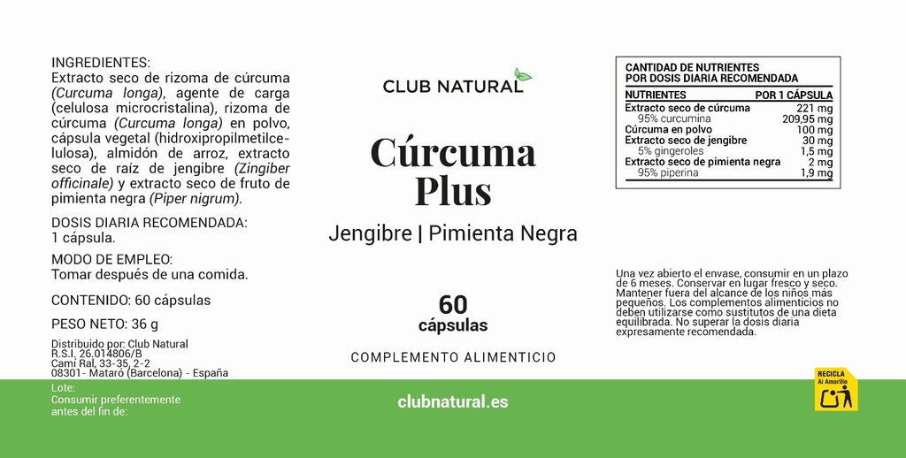 Cúrcuma PLUS 60 cápsulas con Jenjibre y Pimienta Negra - Antiinflamatorio natural muy potente