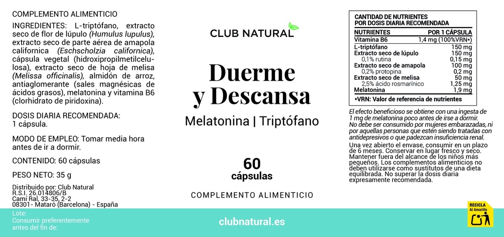 Duerme y Descansa con Melatonina 60 cápsulas