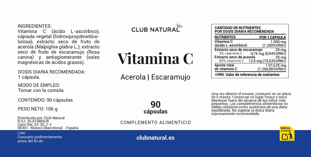 Vitamina C Natural 90 cáps con Acerola y Escaramujo