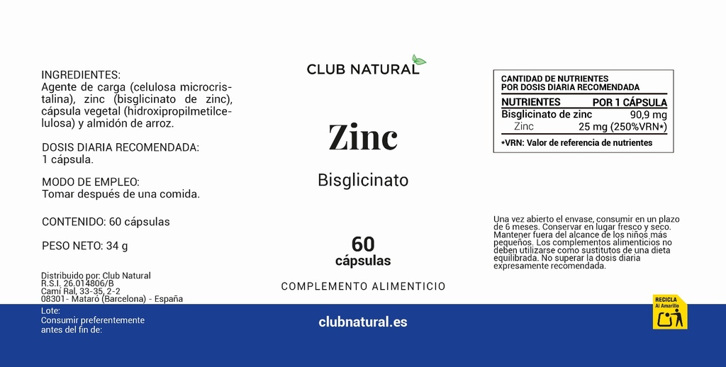 Zinc Bisglicinato 60 cápsulas