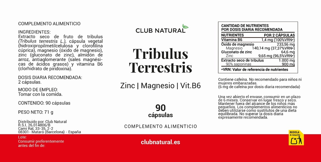 Tribulus PRO - 90 cápsulas - Zinc más Magnesio y Vitamina B6