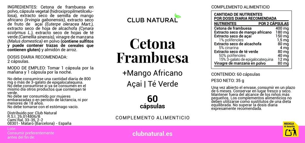 Cetona Frambuesa y Mango Africano 60 cápsulas