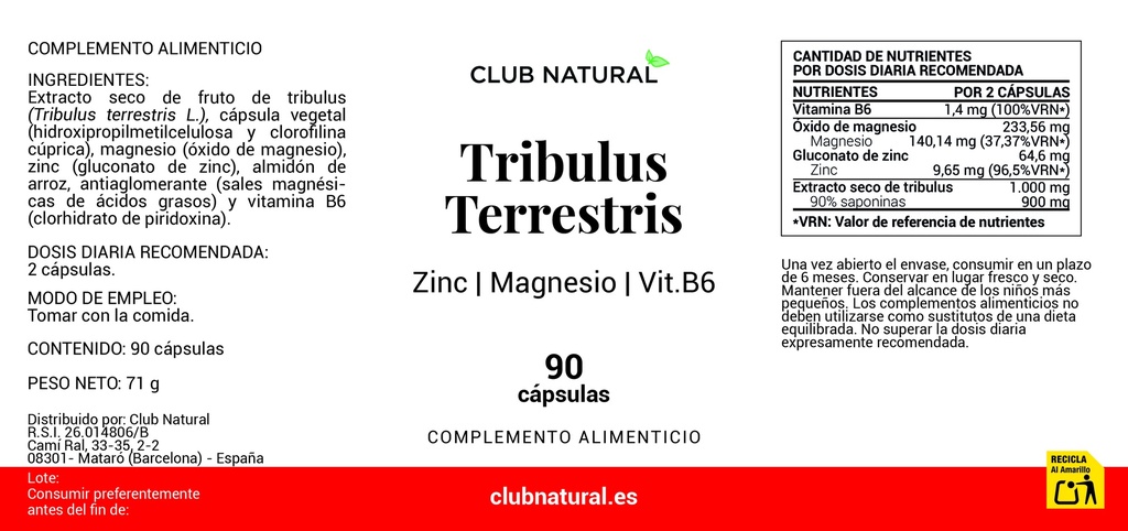 Tribulus Terrestris - 90 cápsulas - Zinc más Magnesio y Vitamina B6