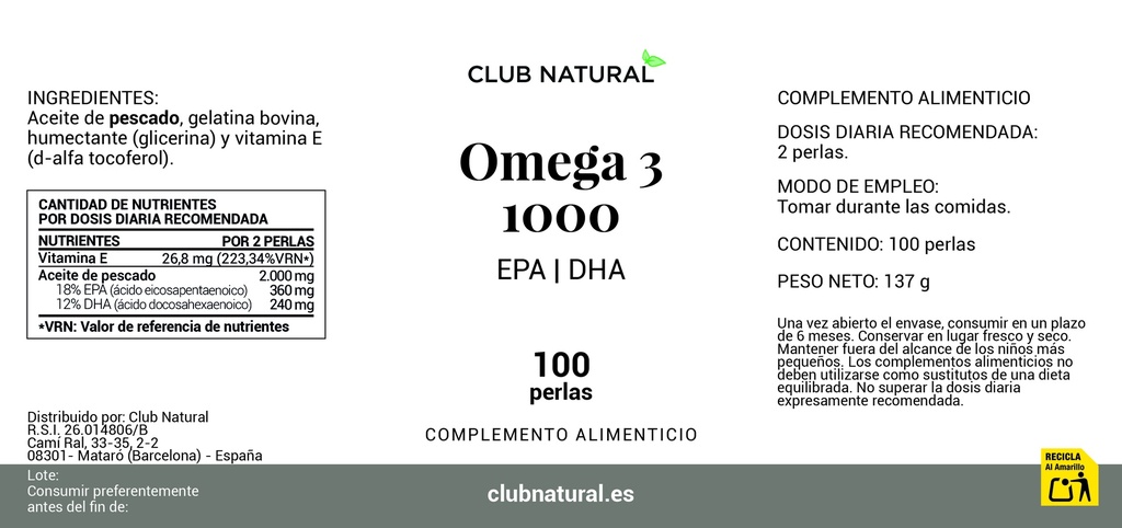 Perlas de aceite de Omega 3 de Pescado de 1000mg.