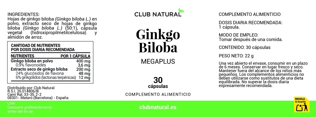 Ginkgo Biloba 30 cápsulas MEGAPLUS - Sistema circulatorio, venas