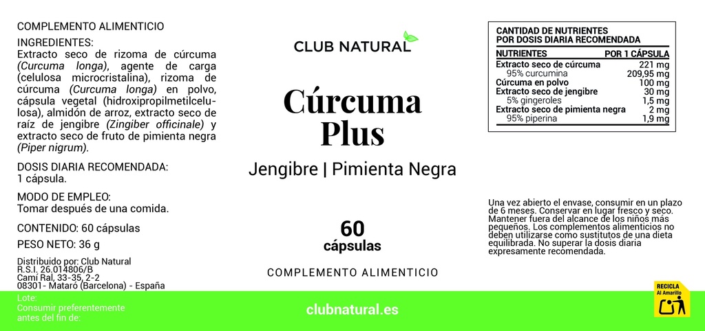 Cúrcuma PLUS 60 cápsulas - con Jenjibre y Pimienta Negra - Antiinflamatorio natural muy potente